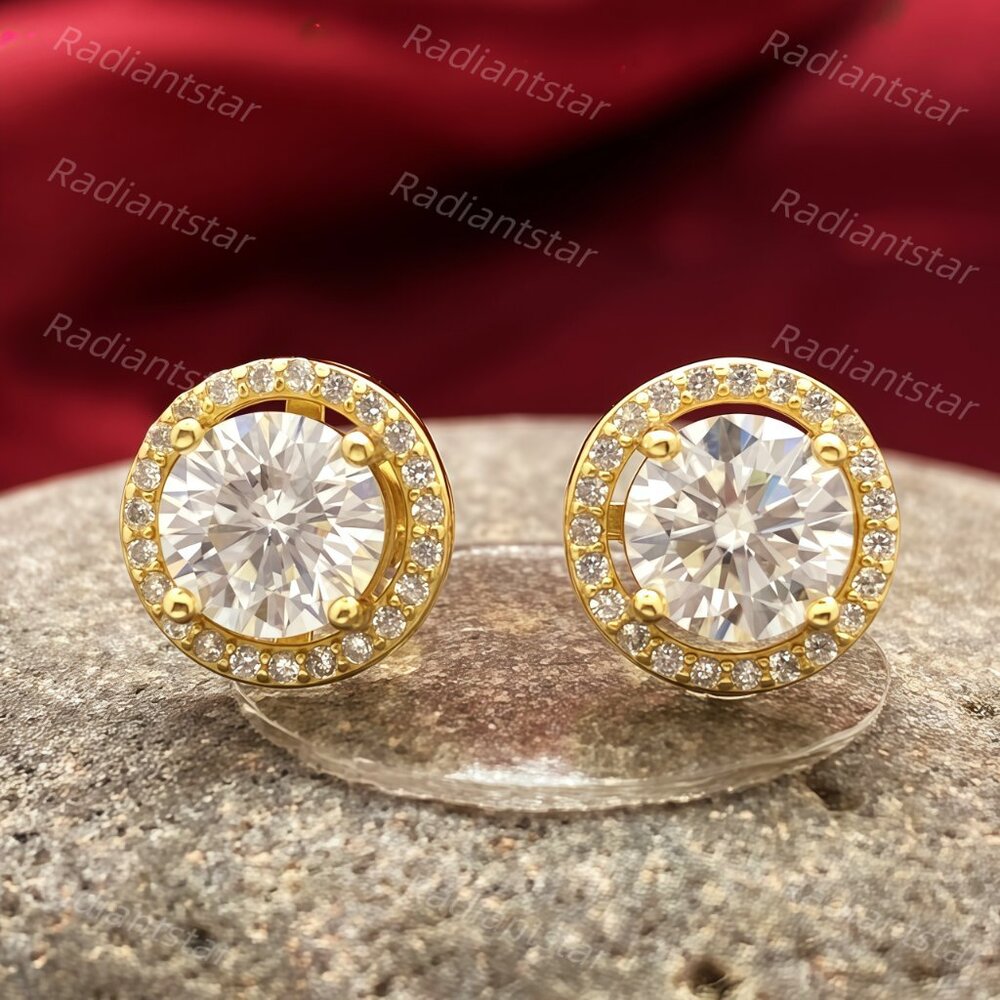 NEW Certified 2ct. t.w. Moissanite Gold Round Halo Screw Back Stud Earrings